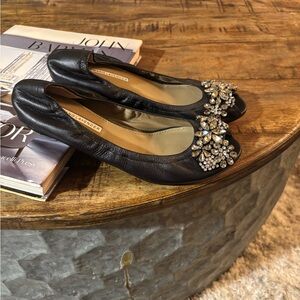 Authentic Vera Wang Lavender Black Leather
Jeweled Open Toe Luna Ballet. Size 8